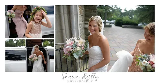 Wedding collage of a bride and bridesmaids holding bouquets, smiling outdoors and in a church.