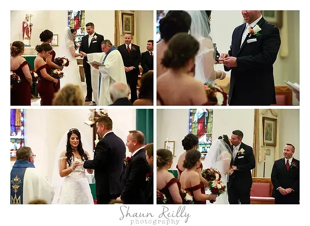 Wedding ceremony collage with bride, groom, officiant, and guests in a church sanctuary