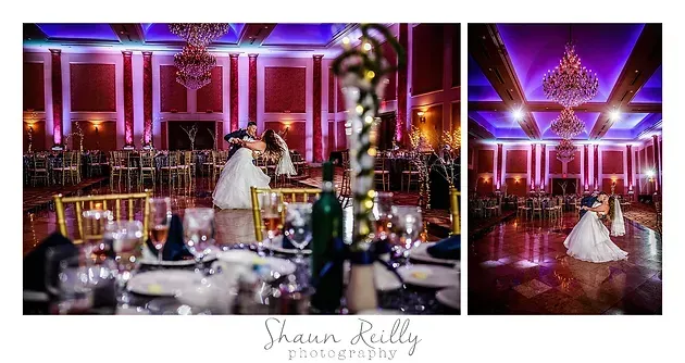 Couple at a candlelit reception table in a purple-lit ballroom with crystal decor