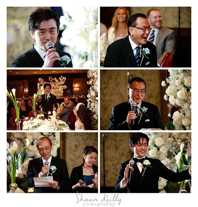 Collage of six wedding reception photos showing speakers and guests with microphones, floral decor, and warm indoor lighting