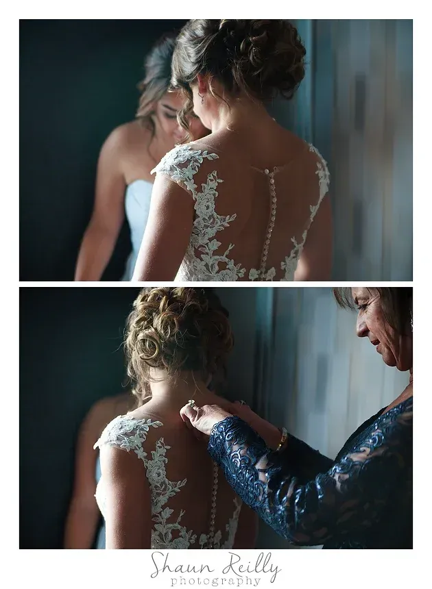 Woman in a lace dress being fastened by another woman, shown in two wedding preparation scenes.