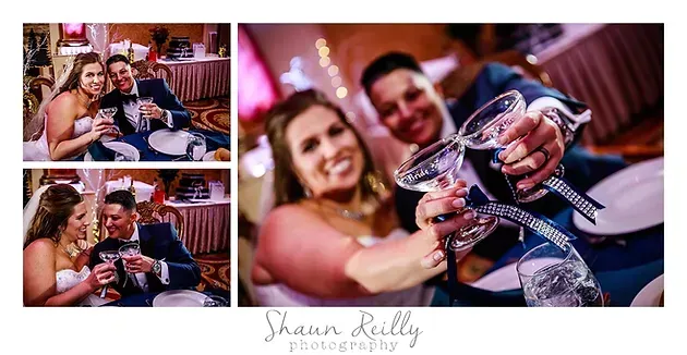 Two women clinking champagne glasses in a warmly lit lounge, with two smaller party photos on the left.