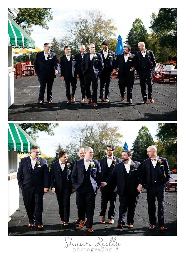 Two nearly identical group photos of six people in suits walking outdoors on a sunny day