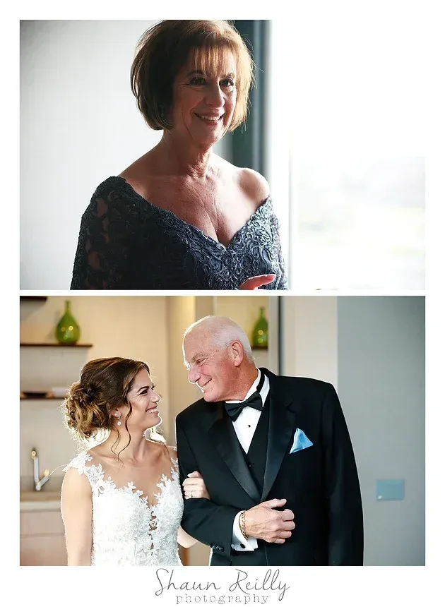 Portrait collage of two elegantly dressed people, one in a blue gown and one smiling in a tuxedo indoors