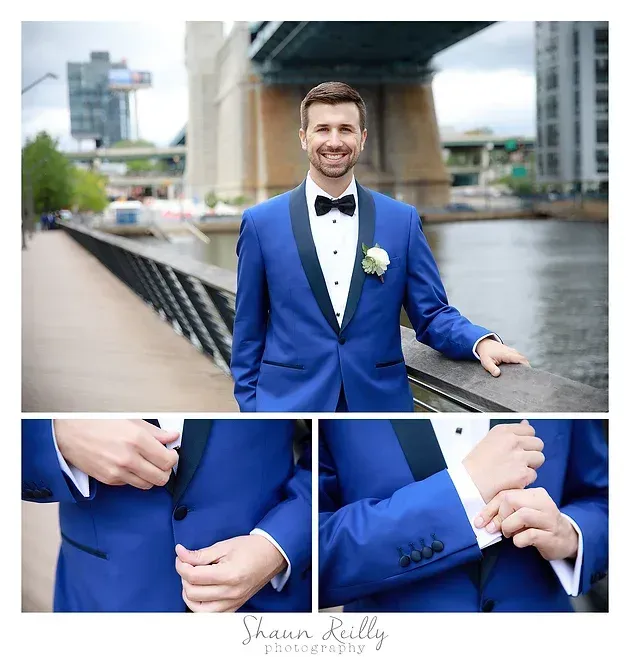 Man in blue suit and bow tie posing by waterfront, with close-ups of jacket details.