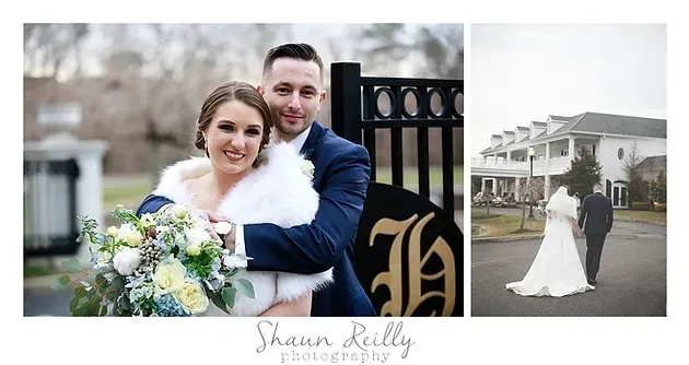 Wedding collage of a bride and groom embracing, with a bride holding a bouquet and a couple walking outside a venue