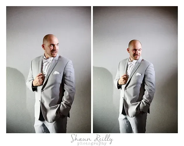 Two side-by-side portraits of a man in a light gray suit against a white backdrop, holding his jacket lapel.