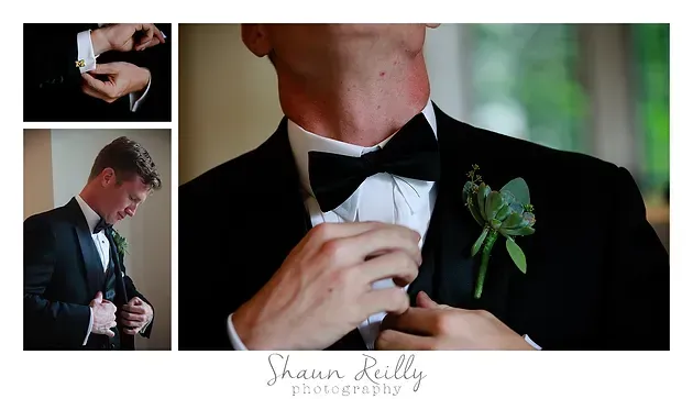 Groom in black tuxedo adjusting boutonniere in a three-panel wedding portrait collage