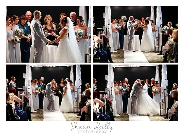 Wedding couple exchanging rings on stage, surrounded by bridesmaids and guests in a four-photo collage