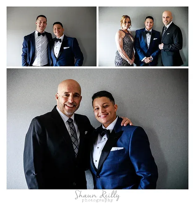 Three tuxedoed guests smiling in a studio portrait collage, one pair and one trio with a woman in a patterned dress