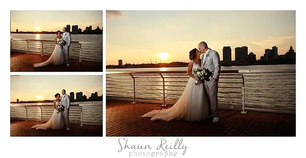 Bride and groom embrace on a waterfront pier at sunset, shown in a three-photo wedding collage.