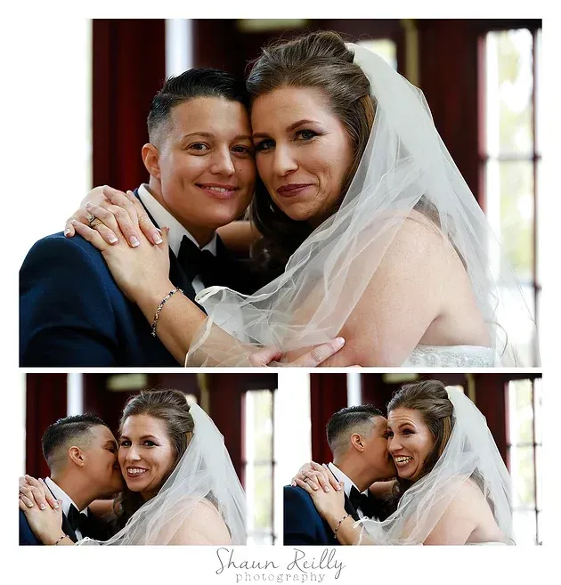 Bride and groom pose in wedding attire, smiling in a collage of close-up portraits