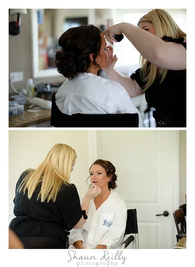 Stylist applying makeup to a seated woman in a bright room, shown in two step-by-step photos