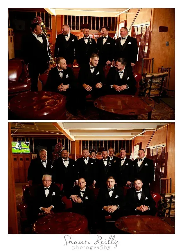 Two posed group photos of men in dark suits in a warmly lit room