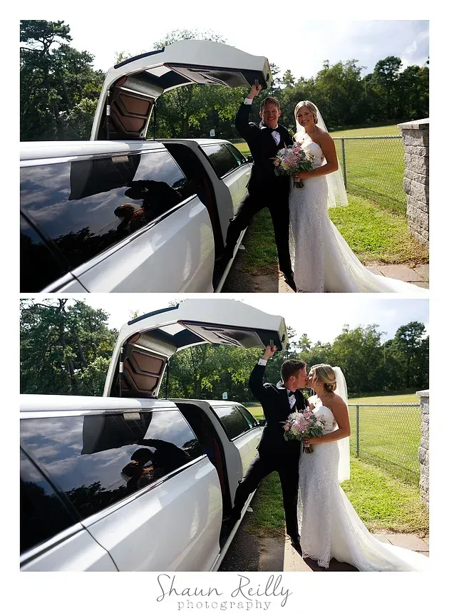 Bride and groom kissing beside a white limousine on a sunny lawn