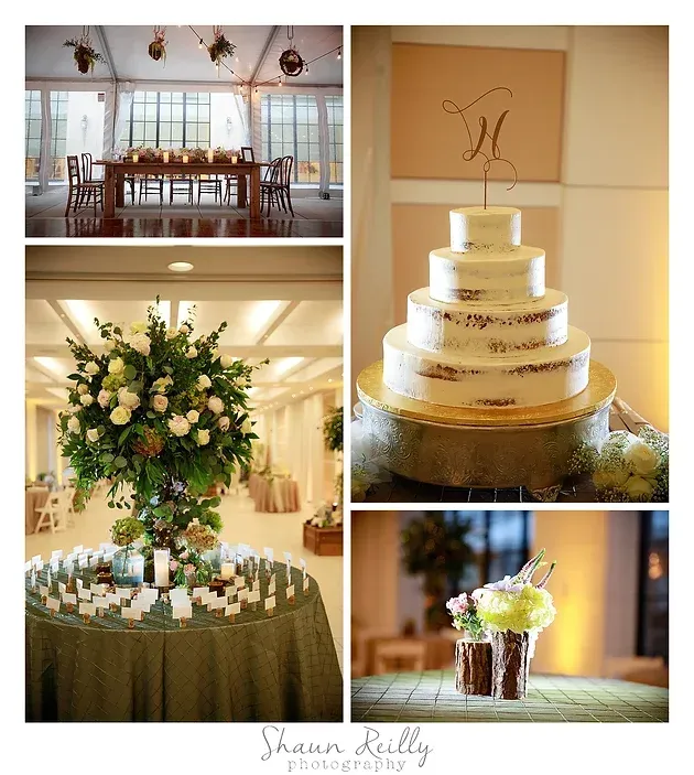 Elegant wedding reception collage with floral centerpieces, tiered cake, and candlelit table décor