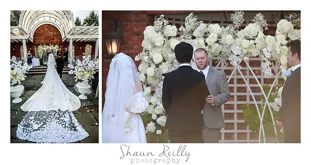 Wedding collage: bride in white gown, ceremony aisle, and couple under a white floral arch