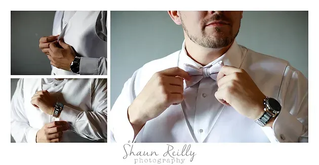 Man adjusting white dress shirt and cufflinks in a three-panel collage