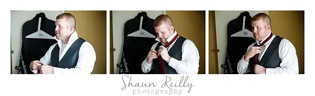 Three-panel bridal portrait of a man in a vest adjusting his tie in a bright room