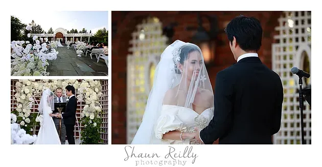 Wedding collage with bride and groom, white floral aisle, and ceremony views at an outdoor venue