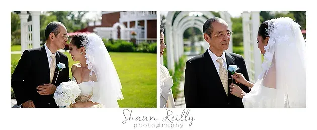 Bride and groom exchange a kiss outdoors in front of a white building, shown in two side-by-side wedding photos