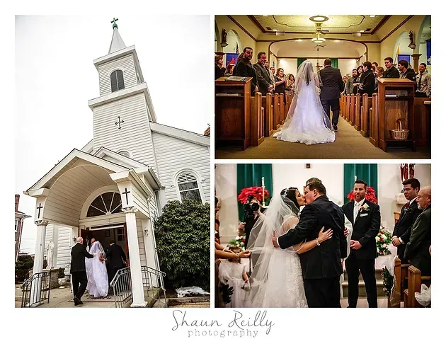 Church wedding collage: white chapel exterior and bride, with vows and a wedding kiss inside