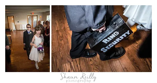 Two event photos: people walking indoors and a security bag on a wooden floor.