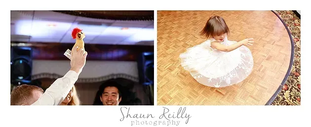 Bride twirls in a white dress on a parquet floor, with a bouquet raised in celebration.