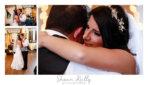 Wedding collage of bride and groom embracing, with smaller ceremony photos on the left.