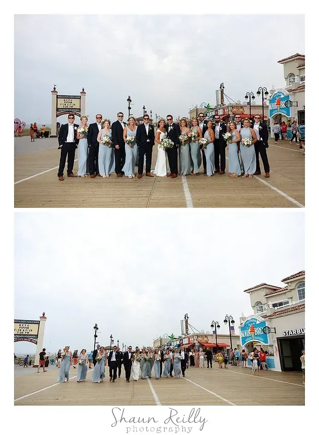 Wedding party posing on a boardwalk beach, with a second wide shot below.
