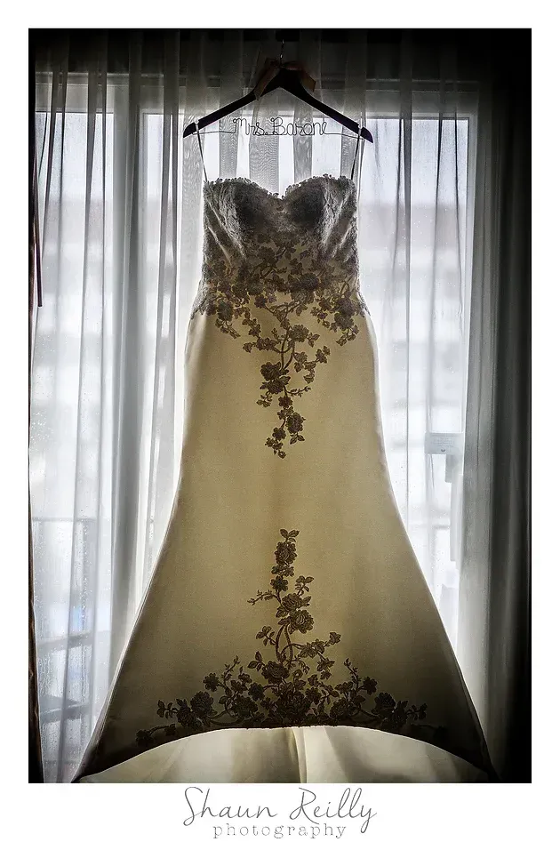 Beaded ivory wedding dress hanging in front of sheer curtains, backlit by a window.