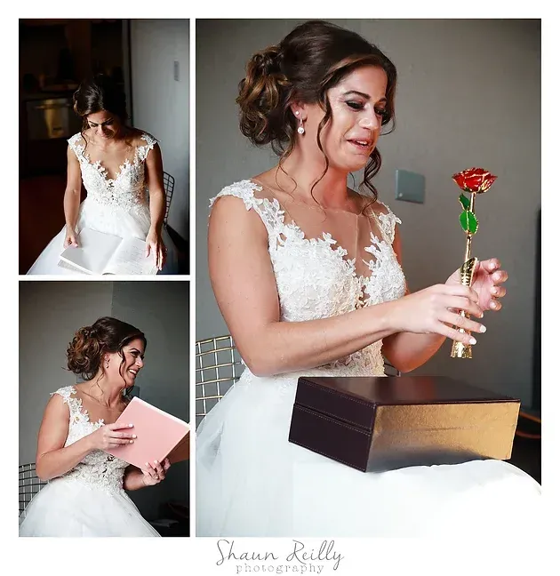 Bride in white lace dress opens a gift and holds a red rose in a collage of wedding prep photos