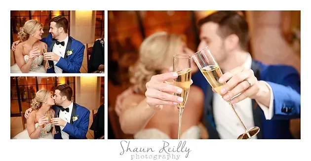 Bride and groom toast champagne during a wedding celebration, with close-up and collage-style shots.