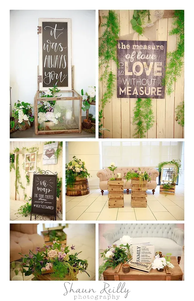 Rustic wedding decor collage with wooden signs, greenery, lanterns, and white flowers in soft neutral tones