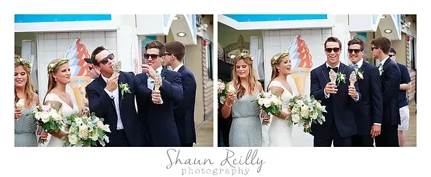 Wedding party posing outside a chapel, with the bride holding flowers and guests in suits and sunglasses