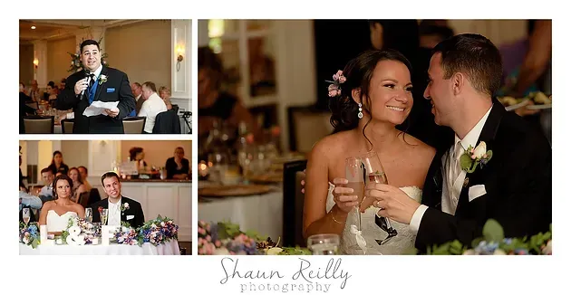 Wedding collage of bride and groom toasting, smiling guests, and a close-up reception moment
