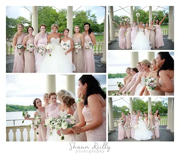 Bridesmaids in blush dresses pose and share bouquets in a waterfront wedding portrait collage