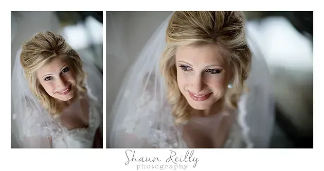 Bridal portrait collage of a smiling woman in a white veil and dress, with close-up and wider shots