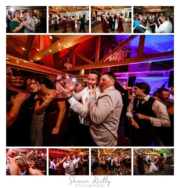 Wedding reception collage with guests dancing, clapping, and laughing under warm red and purple lights