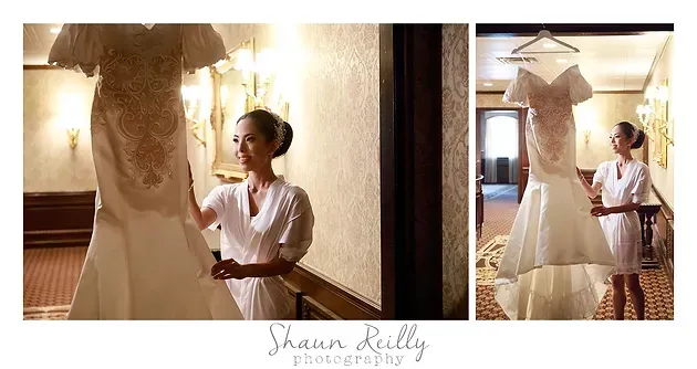 Bride admiring her wedding dress in a softly lit fitting room, shown in a two-panel collage.