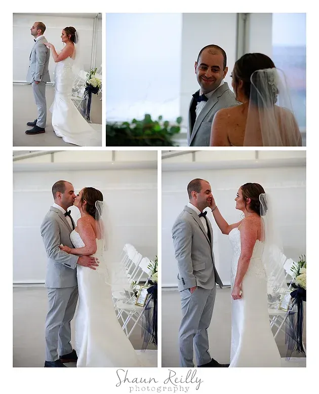 Bride and groom share a first look and embrace during a white chapel wedding.
