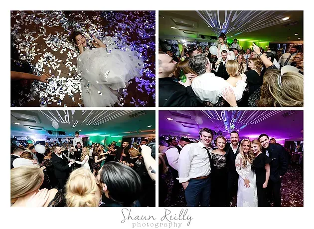 Wedding reception collage with confetti, dancing guests, and purple-green party lighting