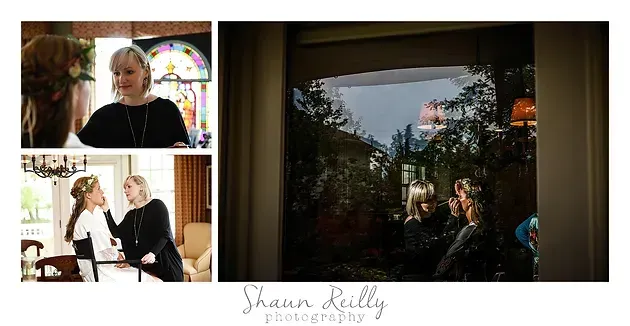 Three-panel collage of a person in a black top near colorful stained glass and a window reflection of a couple indoors