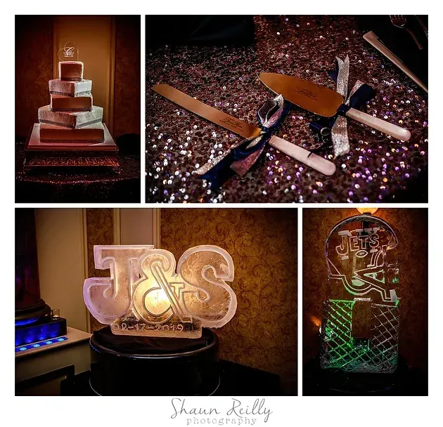 Collage of ornate cake toppers and glittering decor, including “J&S” initials and a decorative face outline