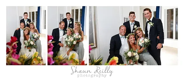 Wedding portrait collage of a bride and groom posing with family in a bright studio setting
