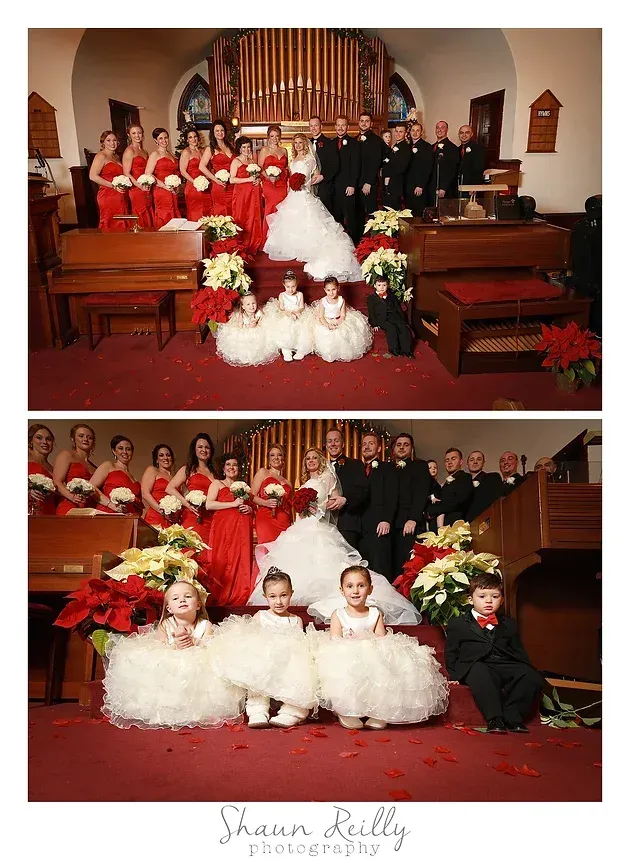 Two church group portraits with children in red and white outfits and adults in black suits and dresses
