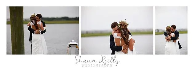 Couple embracing by a lakeside in a three-panel wedding photo collage