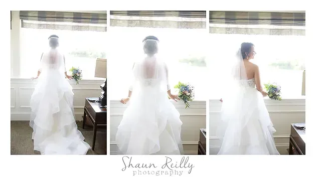 Bridal gown shown from back, side, and front in a bright window-lit room
