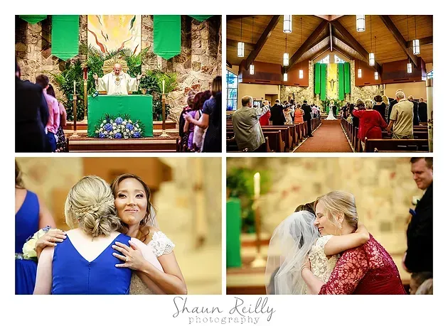 Wedding ceremony collage in a church, with vows, guests seated, and emotional embraces