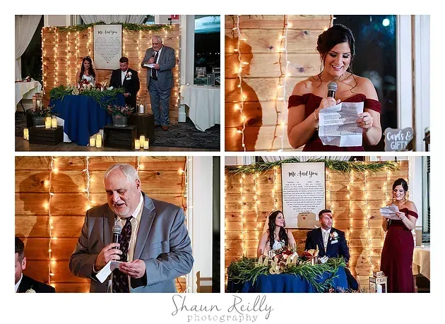 Wedding toast collage with bride and groom, warm string lights, and smiling guests